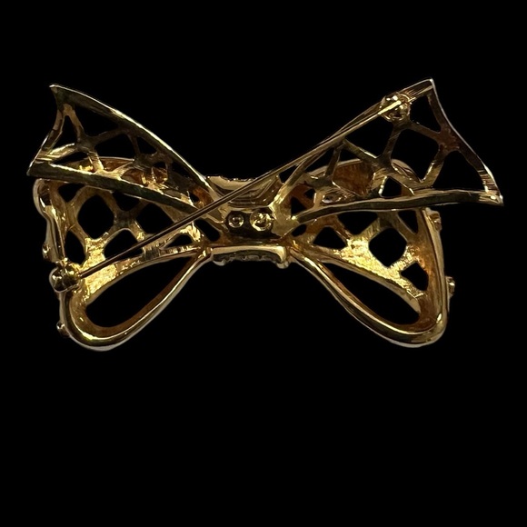 Vintage Swarovski Swan Crystal Bow Pin Gold Plated 2.5” x 1.5” - Picture 4 of 5